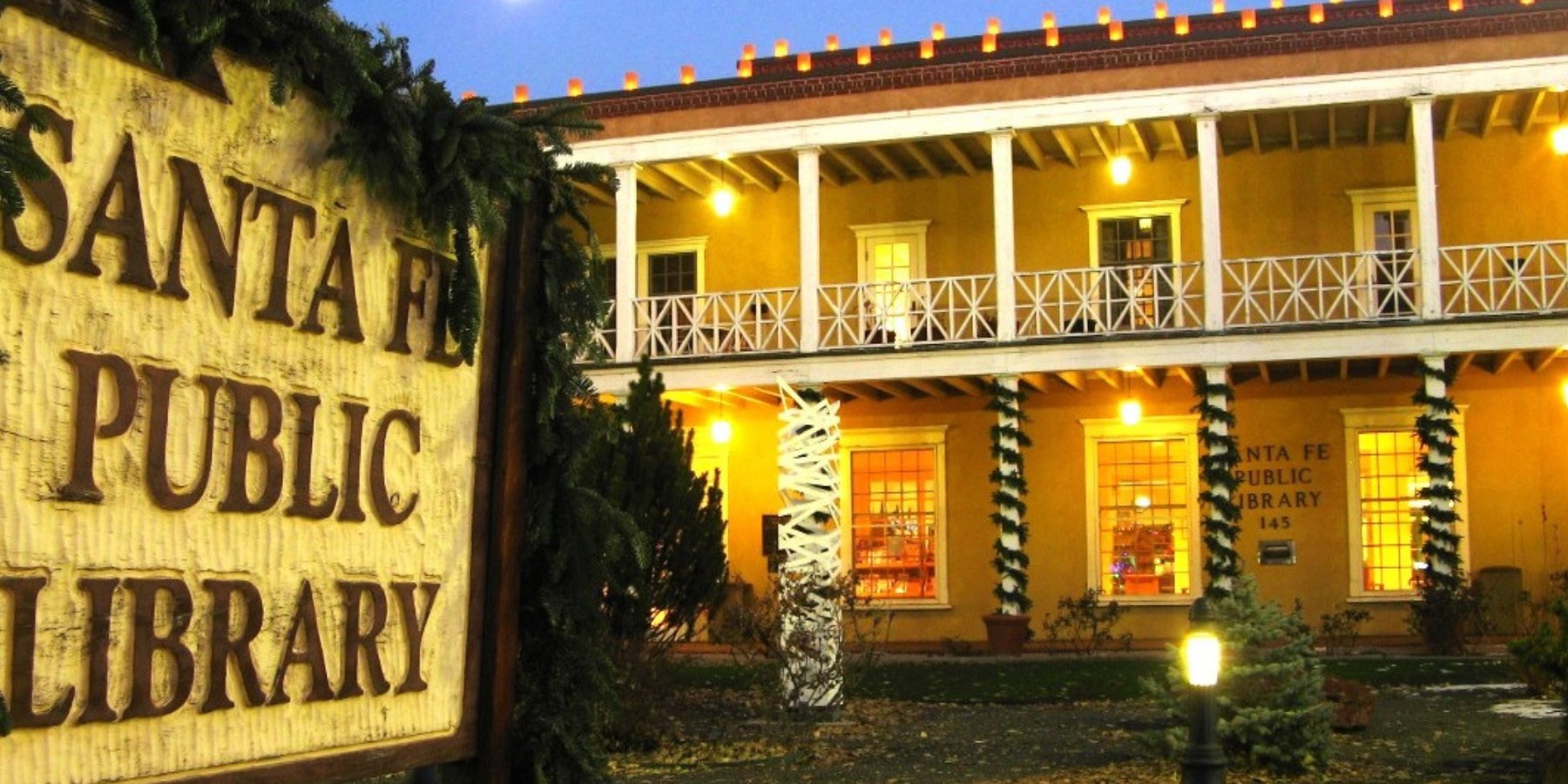 Exterior of the front entrance of Main branch building of Santa Fe Public Library.