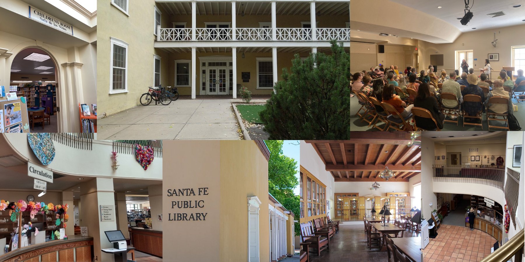 Photo collage of interior and exterior of the Main branch building of Santa Fe Public Library.