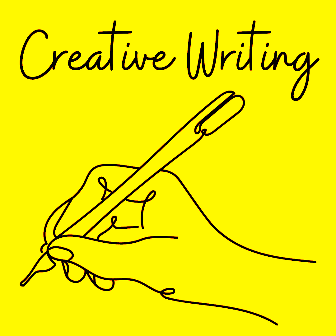 Drawing of a hand holding a pen, under the words "Creative Writing"