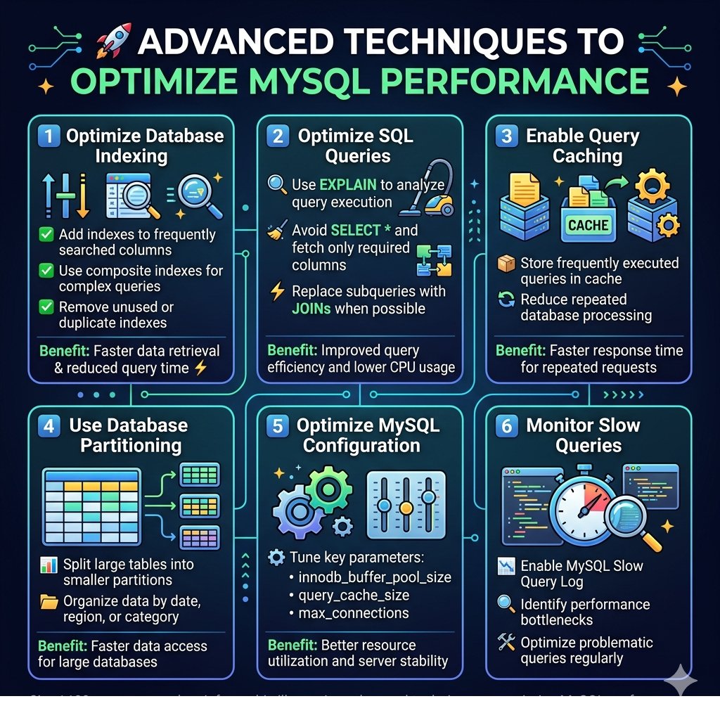 Optimizing MySQL performance is essential for running fast and scalable applications. 🚀
In this infographic, I share advanced techniques like query optimization, indexing strategies, database partitioning, and slow query monitoring to improve database efficiency and reduce server load.