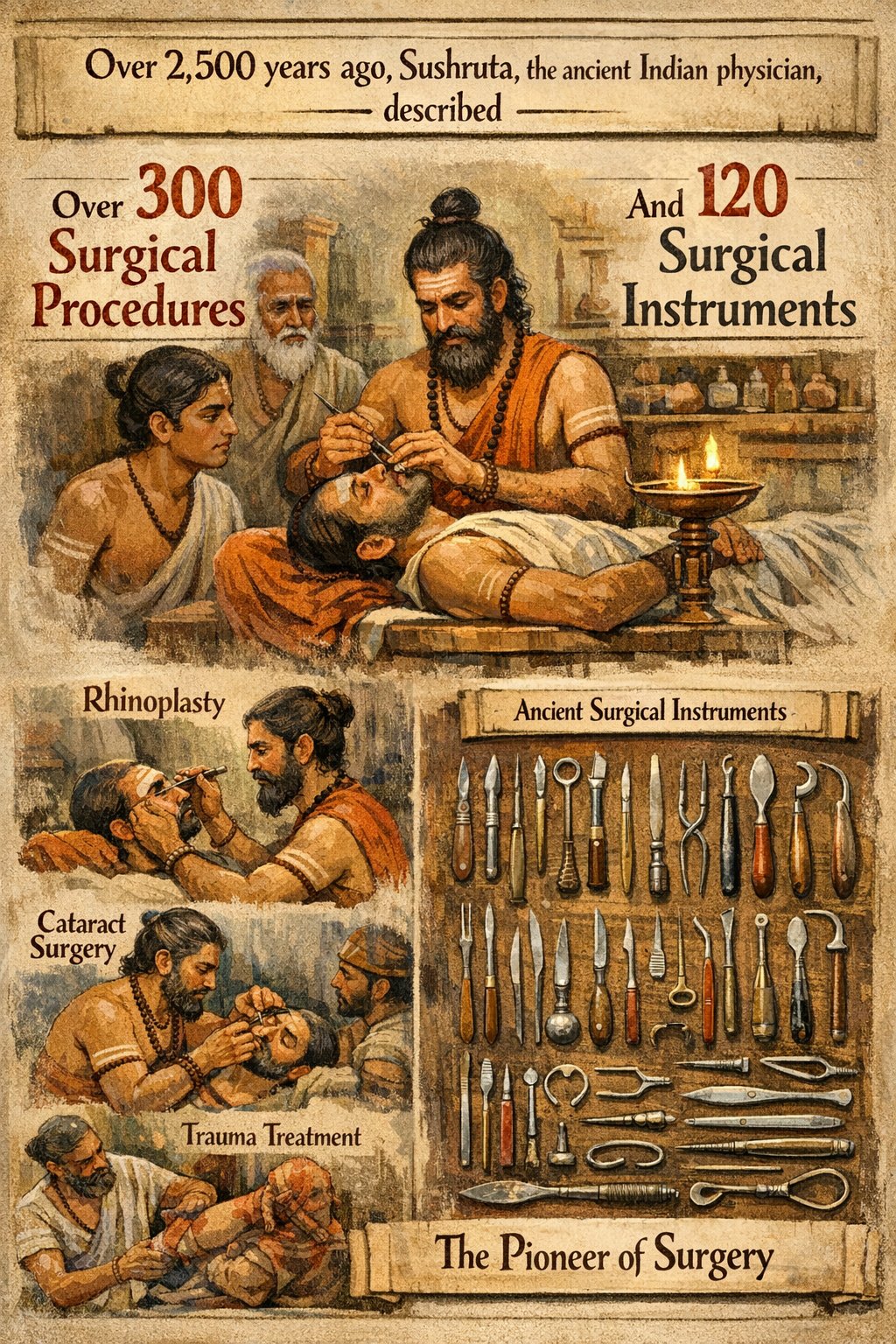 Over 2,500 years ago, Sushruta, an ancient Indian physician, described more than 300 surgical procedures and 120 surgical instruments.

His text, the Sushruta Samhita, is considered one of the earliest works on surgery in the world.

Explore more:
https://greatestbharat.com

#GreatestBharat #AncientIndia #IndianScience #Sushruta