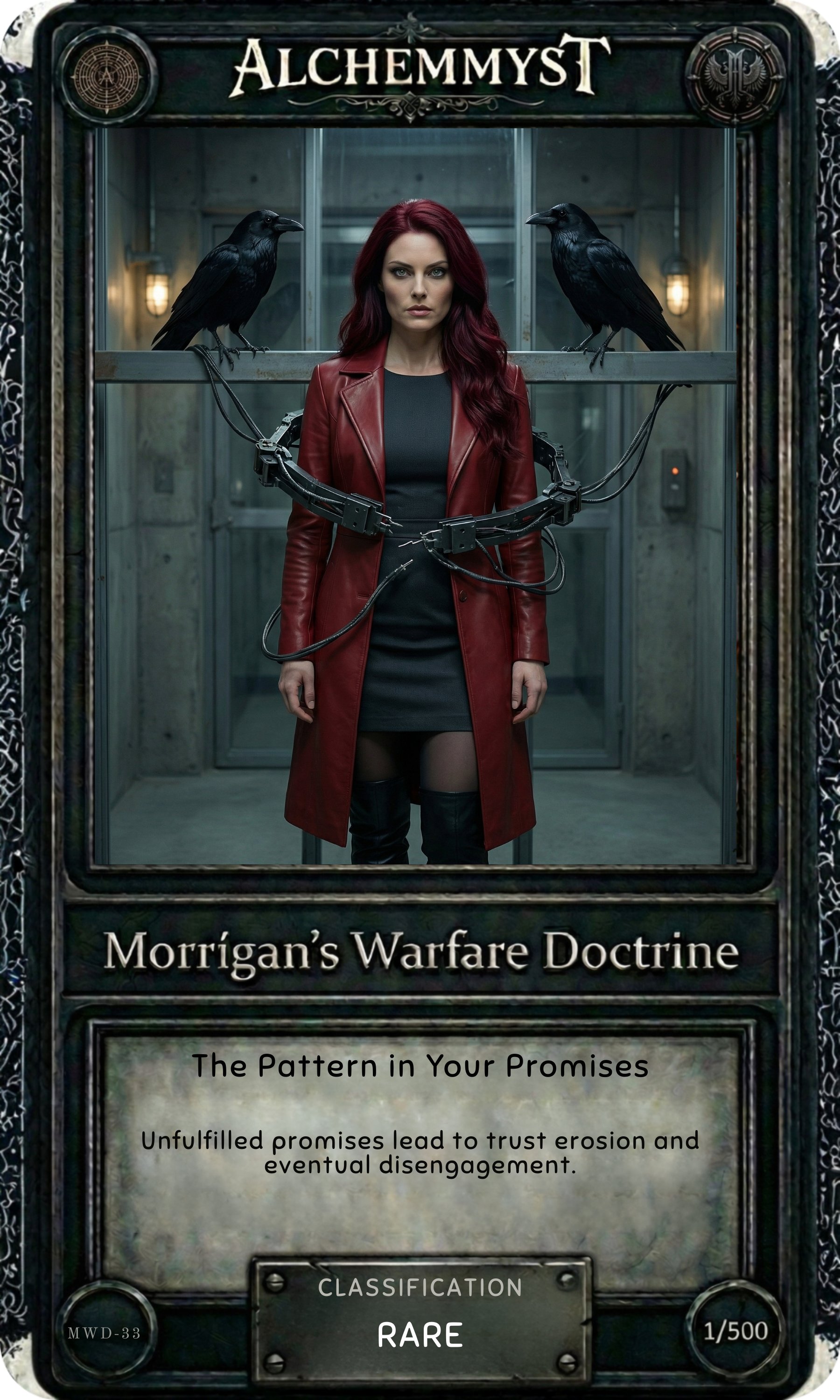 Dark-bordered collector card with ornate runic frame. AlchemMyst logo centered at top. Central figure: a woman in a deep red leather coat over a black dress, standing in a stark industrial corridor with glass-paneled walls and dim overhead lighting. Two large black ravens perch on mechanical arm restraints extending from either side of the frame, their wings slightly spread. Her posture is still, direct, and contained. Lighting is cool and institutional, with soft highlights on the coat. Lower text panel reads "Morrigan's Warfare Doctrine" in serif type, followed by "The Pattern in Your Promises" and the card description. Classification badge reads RARE. Edition marker: 1/500. Entry code MWD-33 in lower left corner.