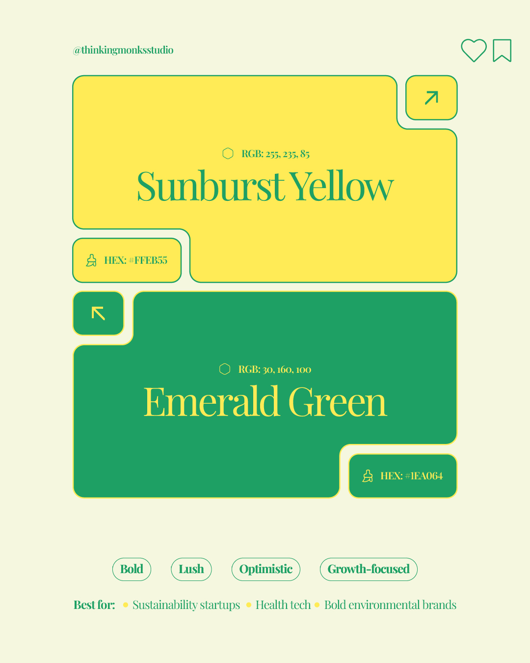 Brand color palette showing Sunburst Yellow (#FFEB55) and Emerald Green (#1EA064). Mood: Bold, Lush, Optimistic, Growth-focused. Best for Sustainability startups Health tech Bold environmental brands. By @thinkingmonksstudio.