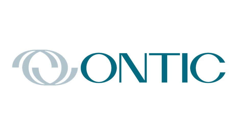 Logo featuring two interlocking rings in light grey followed by the word 'ONTIC' in bold teal letters on a white background.