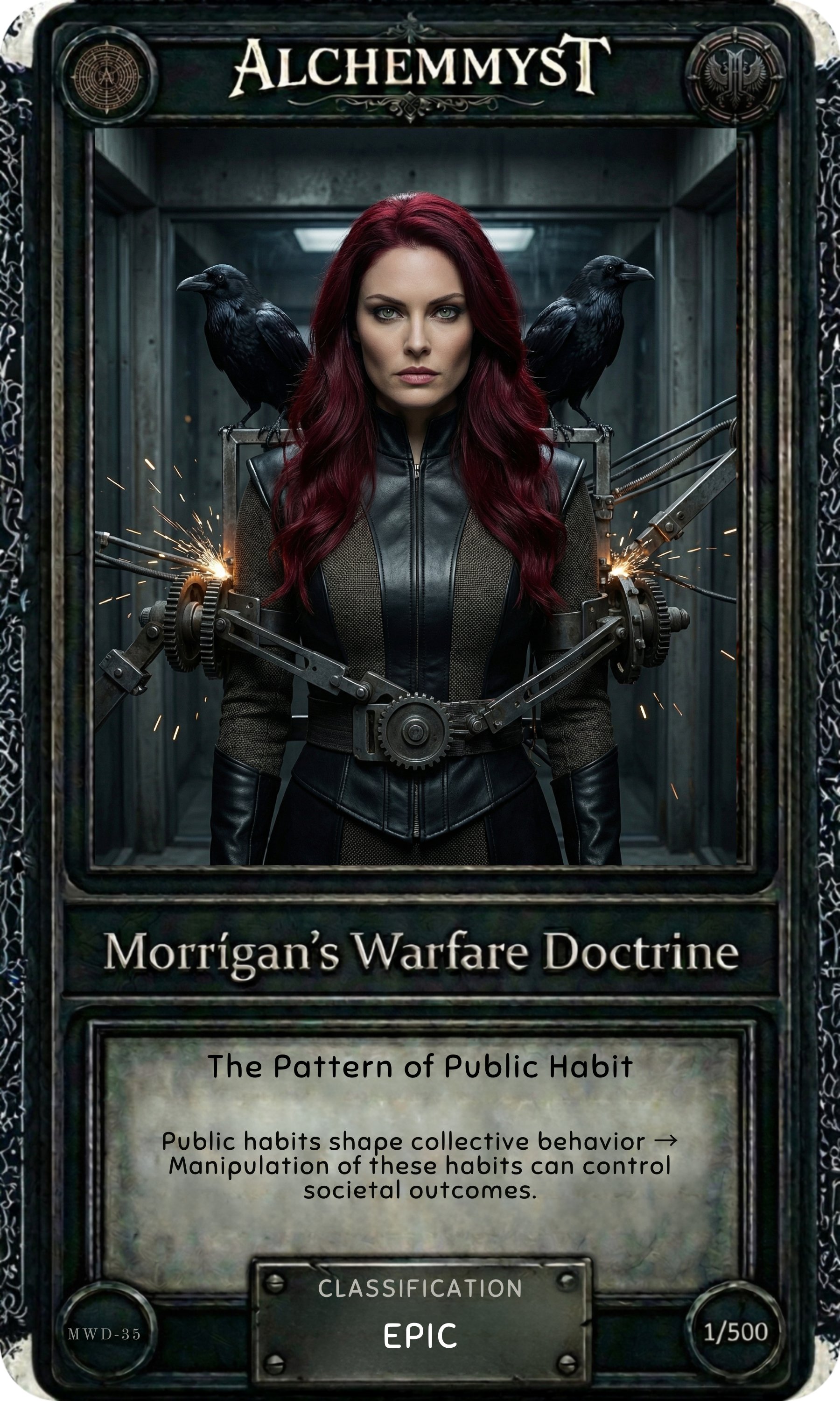 Dark-bordered collector card with ornate runic frame. AlchemMyst logo centered at top. Central figure: a woman in a dark tactical jacket and leather belt with a large central gear mechanism, standing in a narrow industrial corridor. Two black ravens perch on mechanical arm extensions at shoulder height, wings slightly open. Sparks fly from the gear joints on both sides. Her expression is composed and direct, gaze forward. Lighting is cool and institutional with warm golden sparks as accent. Lower text panel reads "Morrigan's Warfare Doctrine" in serif type, followed by "The Pattern of Public Habit" and the card description. Classification badge reads EPIC. Edition marker: 1/500. Entry code MWD-35 in lower left corner.