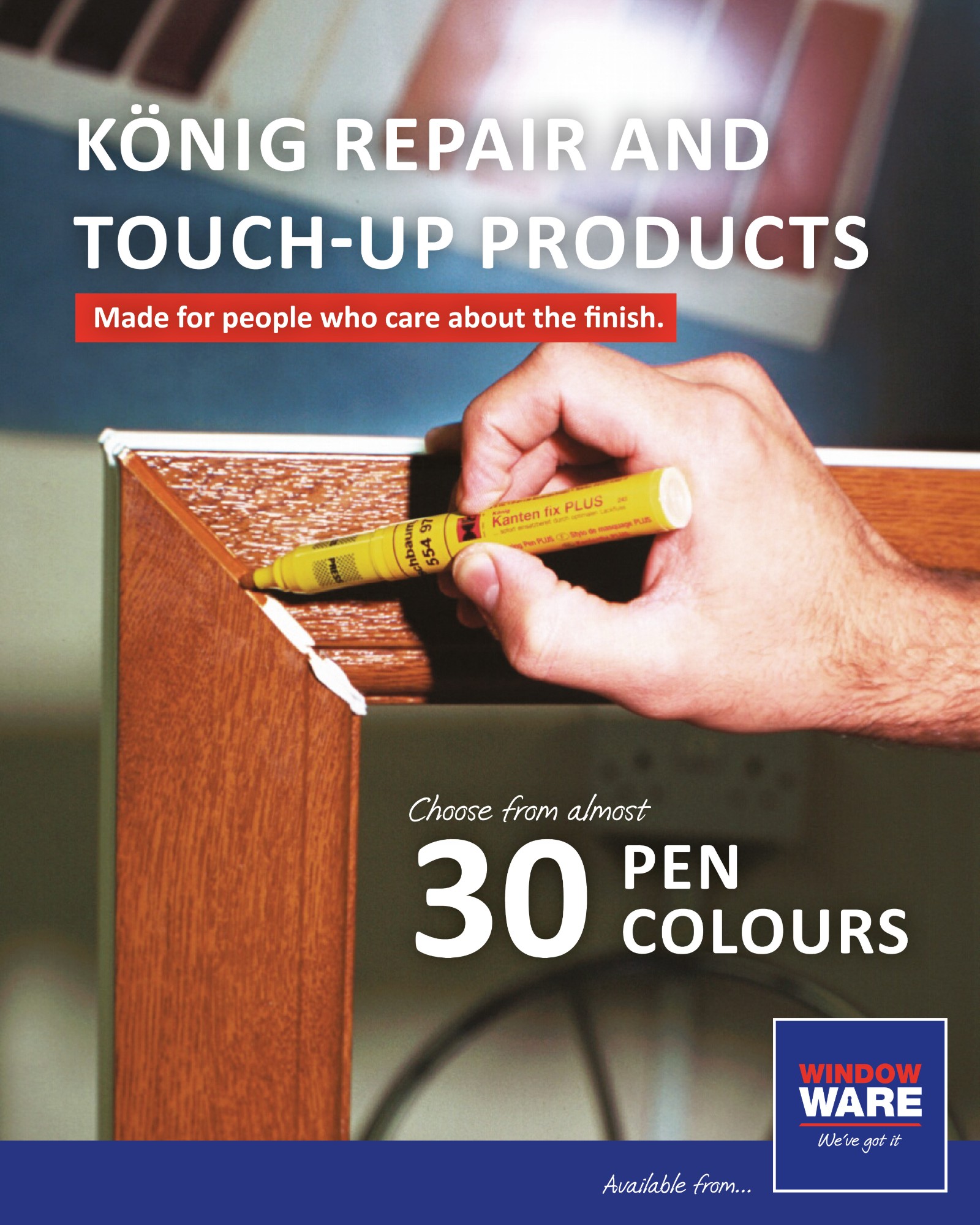 Close-up of a person using a König touch-up pen on a damaged wood-effect PVCu frame to restore its appearance.