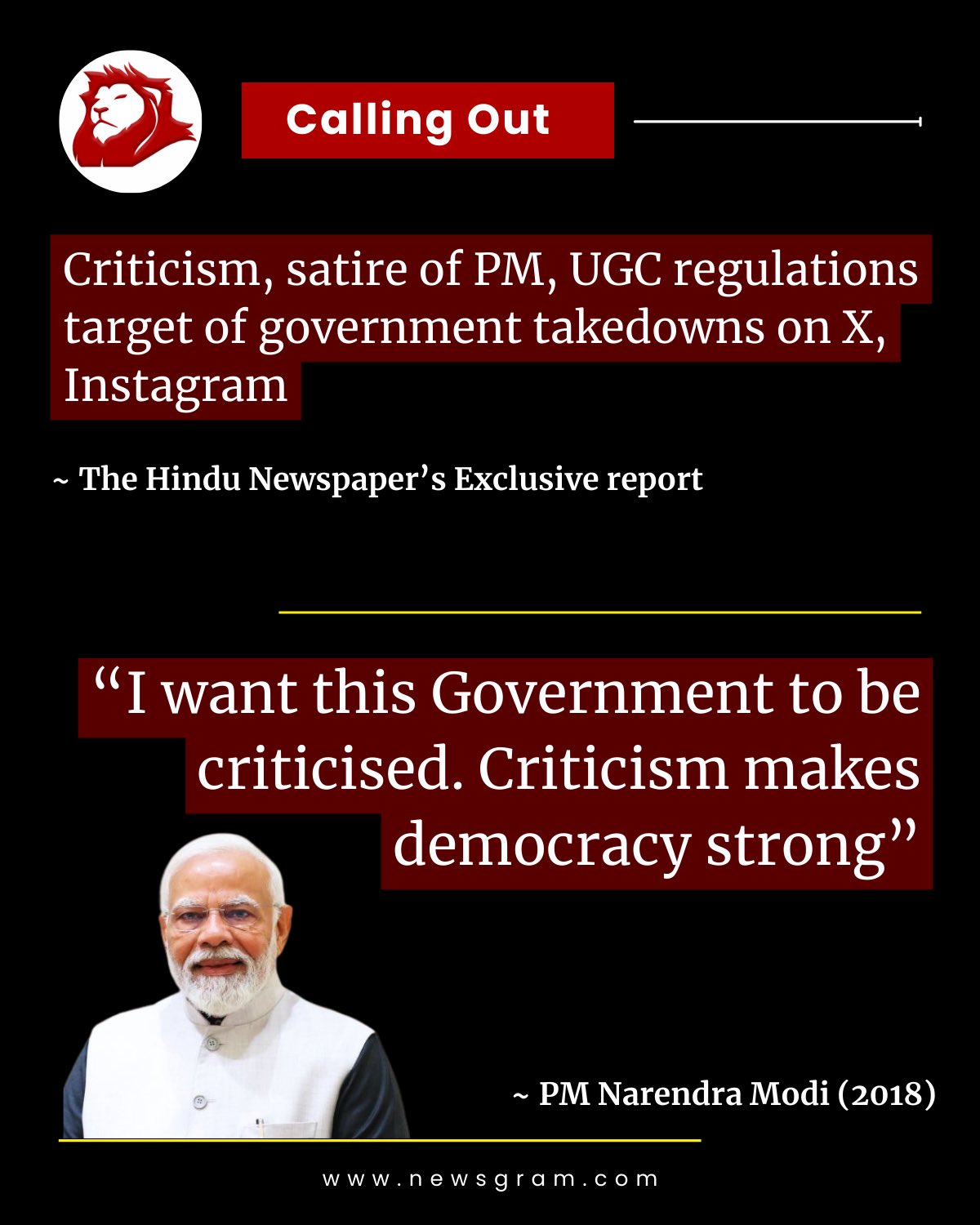 Image with a headline stating government takedowns of criticism on social media, citing an exclusive report. Features a quote about criticism in democracy from an Indian official.