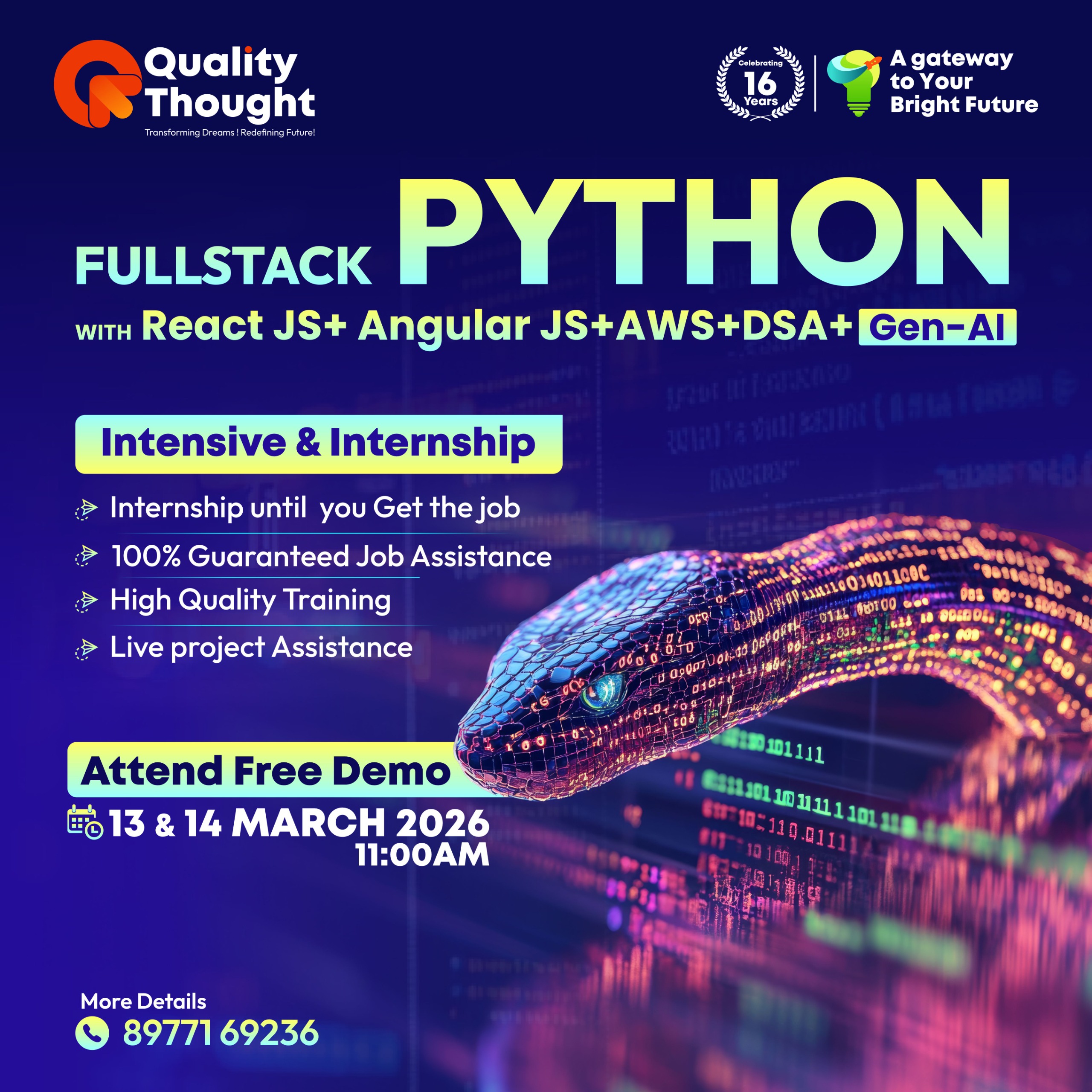 Full Stack Python free demo on 13th & 14th March 2026 at 11:00 AM at Quality Thought branding with React JS, Angular JS, AWS, DSA, and Gen AI targeting students looking for IT careers.