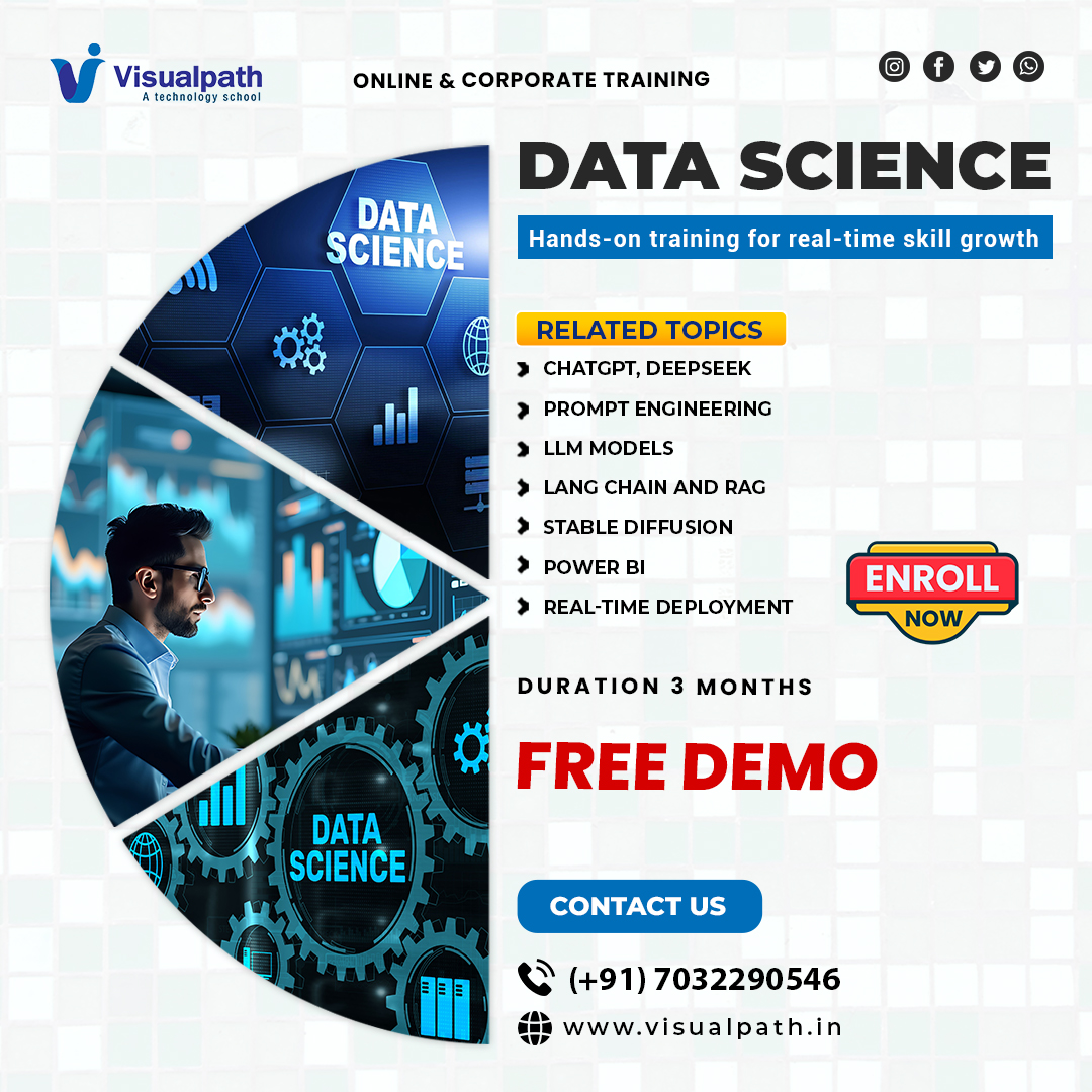 
🎯 Master Data Science & AI – Elevate Your Tech Career!

🚀 Become job-ready with #DataScience Training at Visualpath. Learn Generative AI, LLMs, real-time analytics, and intelligent deployment strategies to stand out in today’s AI-driven market.

💡 What You’ll Master:
✅ Hands-on with ChatGPT & DeepSeek
✅ Prompt Engineering for AI solutions
✅ Understanding & fine-tuning LLM models
✅ Generative AI with Stable Diffusion
✅ Power BI for actionable data insights

🎓 Free Live Demo Available
💻 Training Mode: Online
📞 Call/WhatsApp: +91 7032290546
🌐 Course Details: https://www.visualpath.in/data-science-online-training.html 
⚡ The Future is AI-Driven – Lead It with Confidence!

#Visualpath #DataScience #DataScienceTraining #DataScienceCourse #DataScienceOnline #AITraining #GenerativeAI #LLM #PromptEngineering #MachineLearning #LangChain #RAG #ChatGPT #DeepLearning #PowerBI #DataAnalytics #ModelDeployment #TechCareers #FutureSkills 
