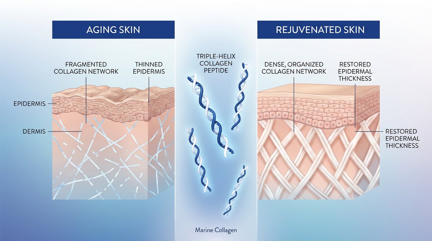 Scientific illustration showing marine collagen peptides improving skin structure and reducing wrinkles