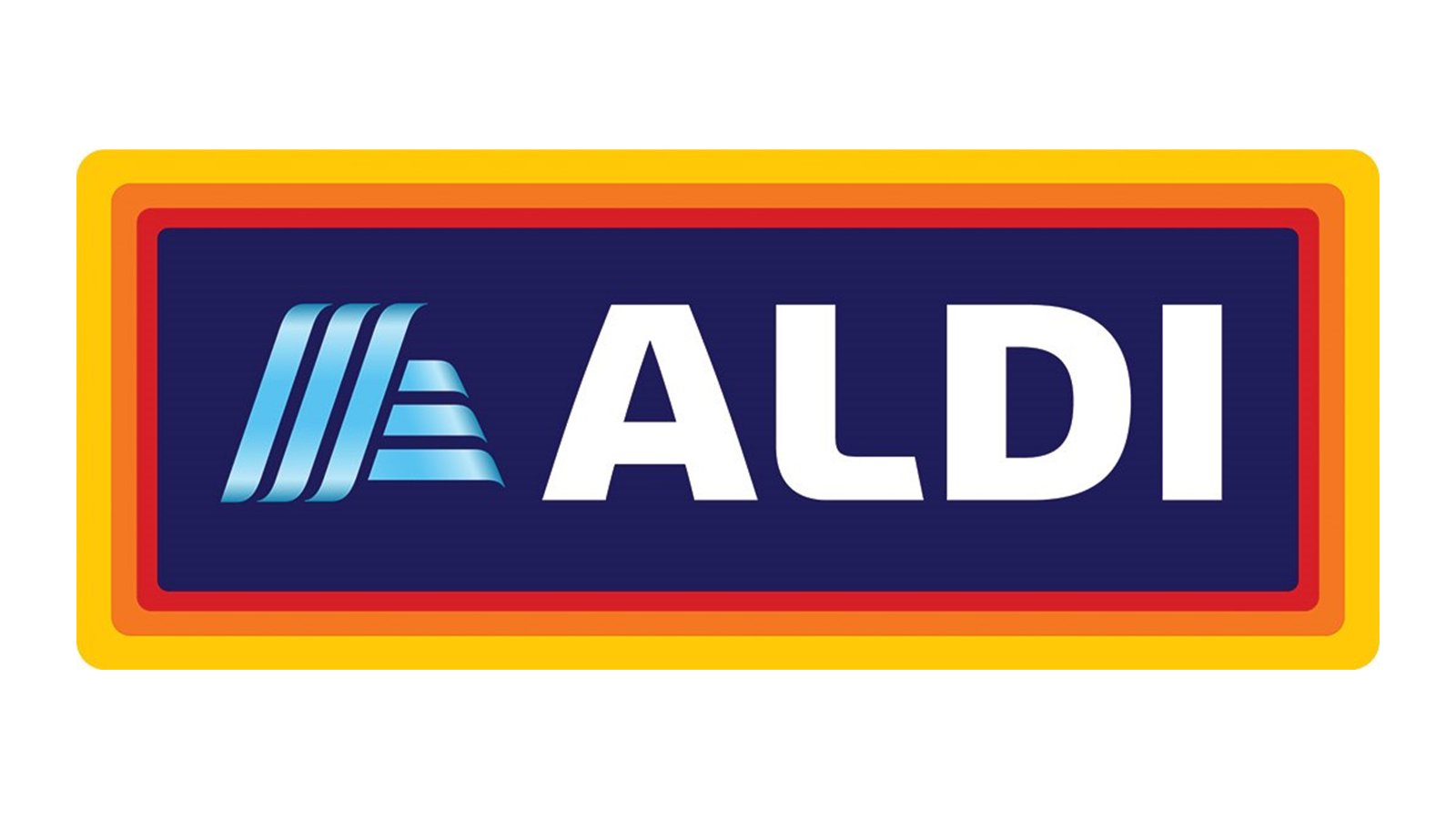 ALDI logo with stylised blue stripes and bold white letters on a dark blue background framed by orange and yellow borders.
