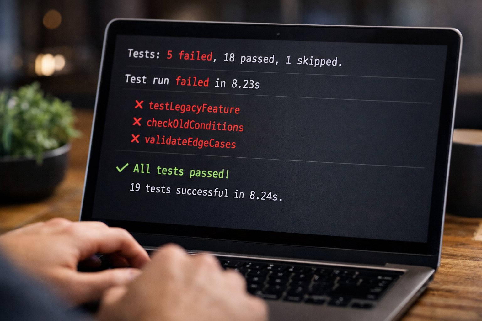 Developer laptop showing unit test results in a terminal with red failed tests and green passed tests