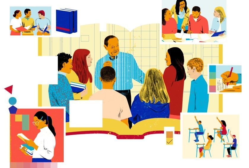 Illustration of various school scenes with teacher and students talking and reading books