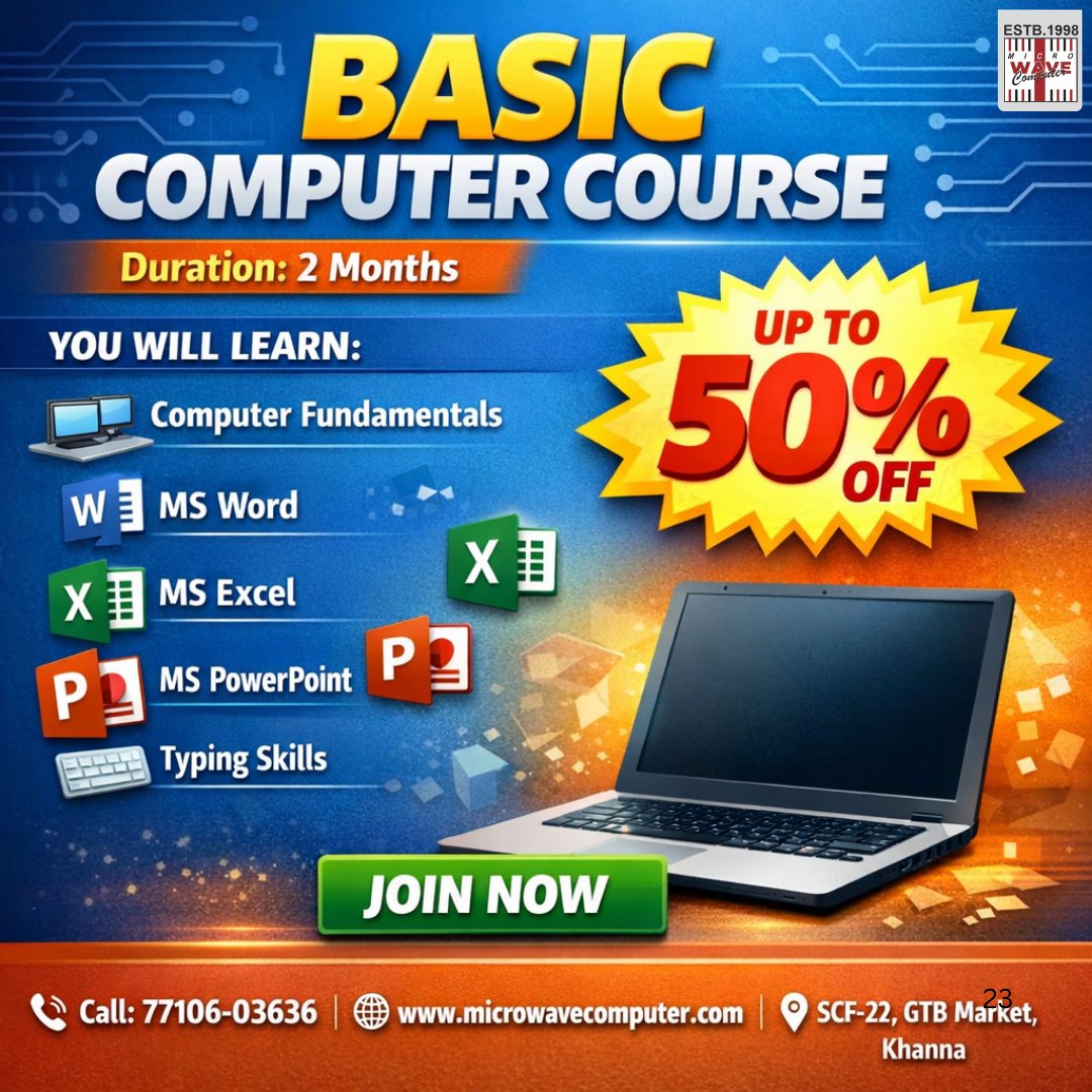 Learn essential digital skills with our Basic Computer Course in Khanna at Micro Wave Computer Institute, covering MS Office, internet usage, typing, and computer fundamentals to build a strong foundation for students and beginners.