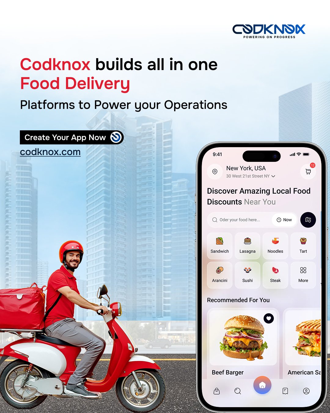 An infographic image with text"CodKnox builds all-in-one food delivery platforms to power your operations."