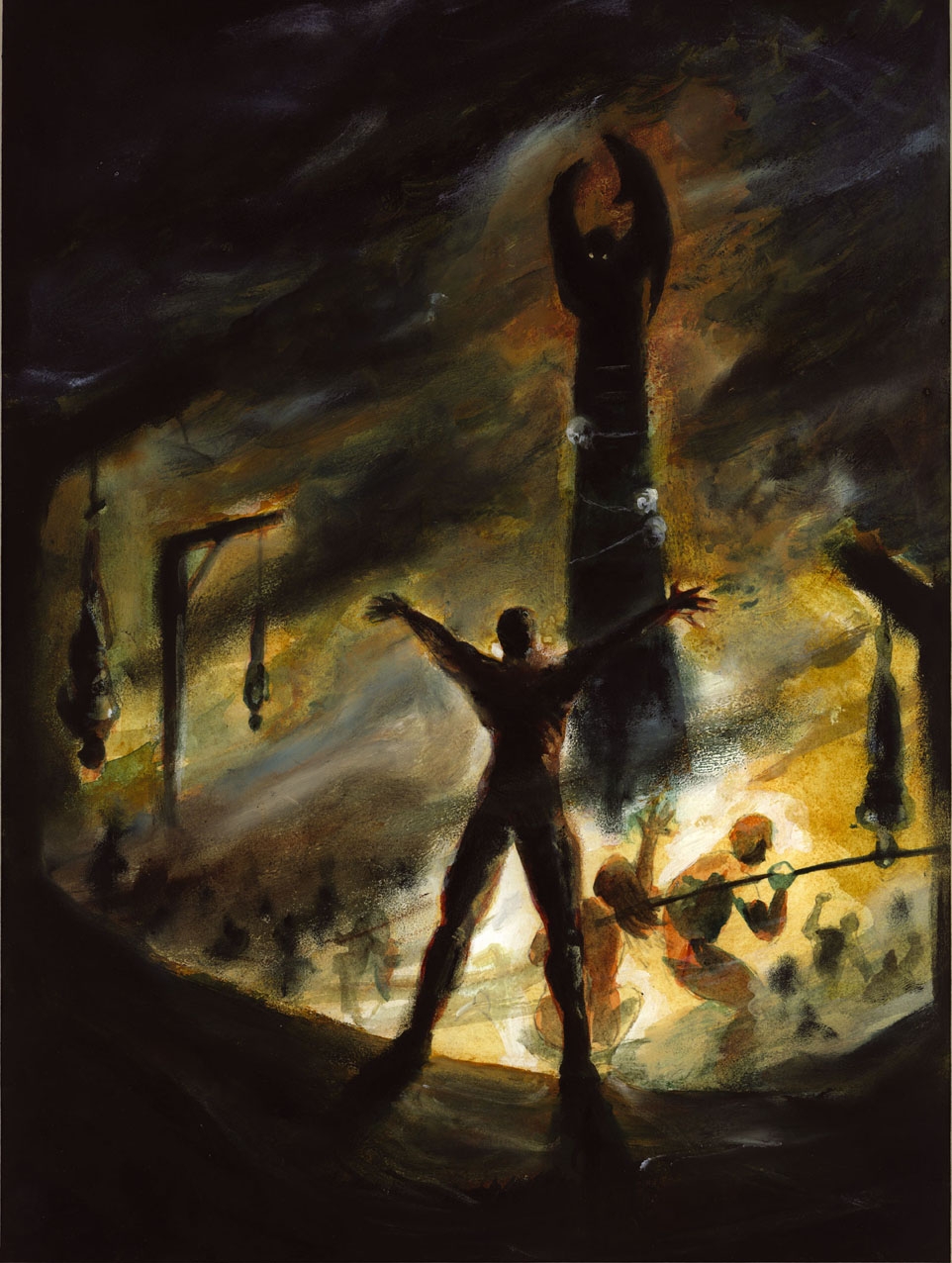 A painting by Gwabryel, based on H. P. Lovecraft's story The Call of Cthulhu. It shows a man with arms outstretched worshipping a very tall, black figure. To his left and right, victims are suspended upside down from gallows, and in front of the dark figure are several other, perhaps tormented figures.