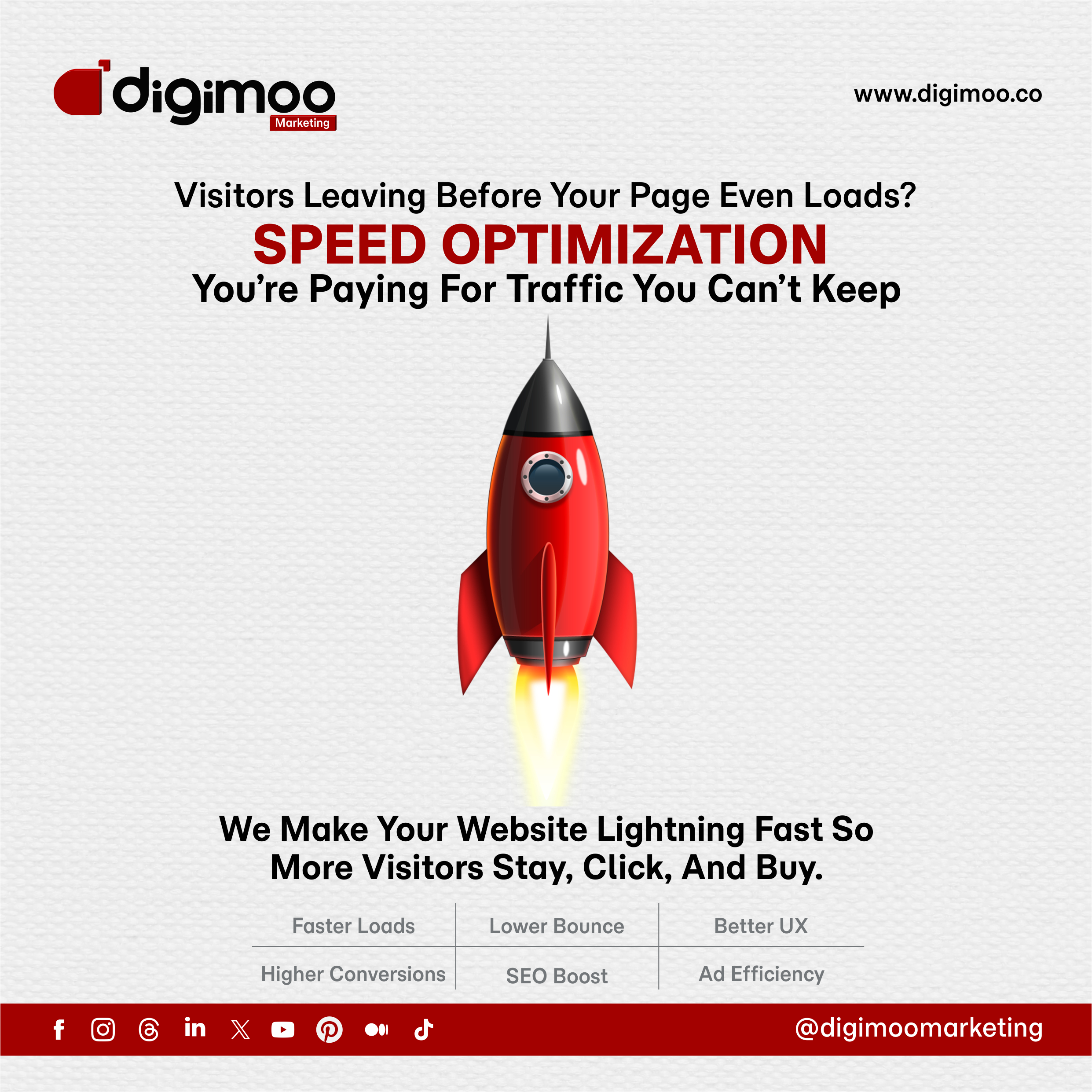 Graphic promoting website speed optimization with rocket imagery representing faster loading pages.