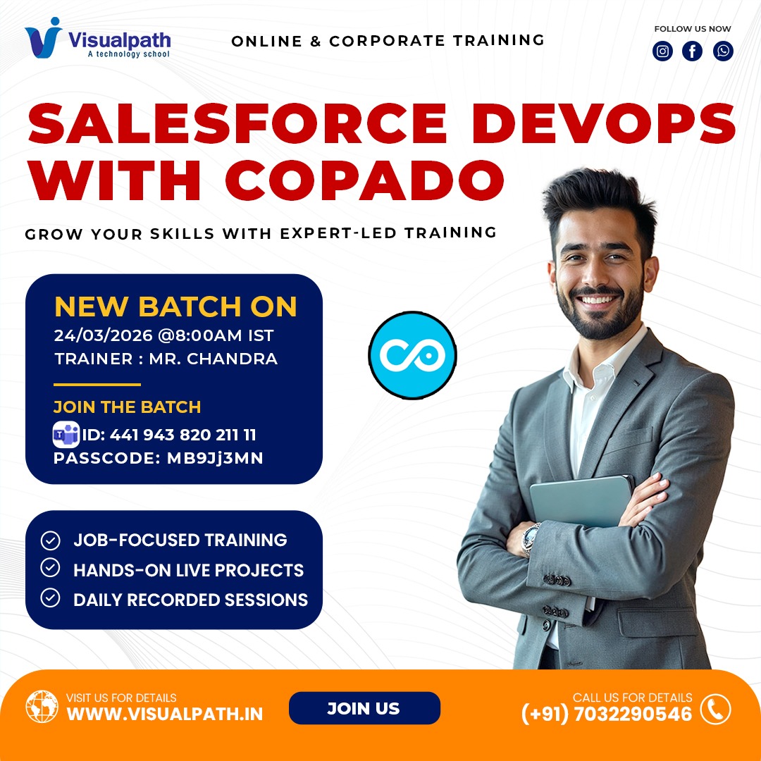 🎯 FREE #SalesforceDevOps with Copado Live Demo by Visualpath!
See how top companies automate Salesforce releases using DevOps and CI/CD. Learn practical tips and real-world strategies from an industry expert.


✨ Demo Details:
📅 Date: 24th March 2026
🕗 Time: 8:00 AM IST
👨‍🏫 Trainer: Mr. Chandra
🔗 Join Now: https://bit.ly/4sFOrP4
🆔 Meeting ID: 441 943 820 211 11
📌 Passcode: MB9Jj3MN

🎯 What You’ll Learn:
✅ Salesforce Release Management
✅ CI/CD with Copado
✅ Git Version Control
✅ DevOps Best Practices
🚨 Limited Seats Available — Secure Your Spot Today! 

📞 Call: +91 7032290546
🌐 Website: https://www.visualpath.in/online-salesforce-devops-training.html 


#Visualpath #SalesforceDevOps #SalesforceTraining #Copado #OnlineTraining #TechCareers #TechTraining #SalesforceDeveloper #CareerGrowth #SalesforceAdmin #SkillUp #VersionControl #ReleaseManagement #DevOpsCareer #AutomationSkills
