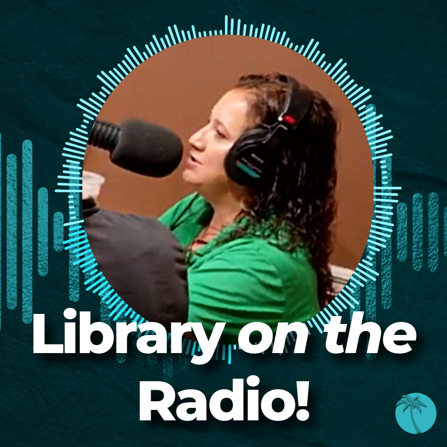 Multicultural librarian Karen Garcia speaking into a microphone in a recording studio. Her photo is surrounded by a graphic of radio waves. Text reads, "Library on the radio!"