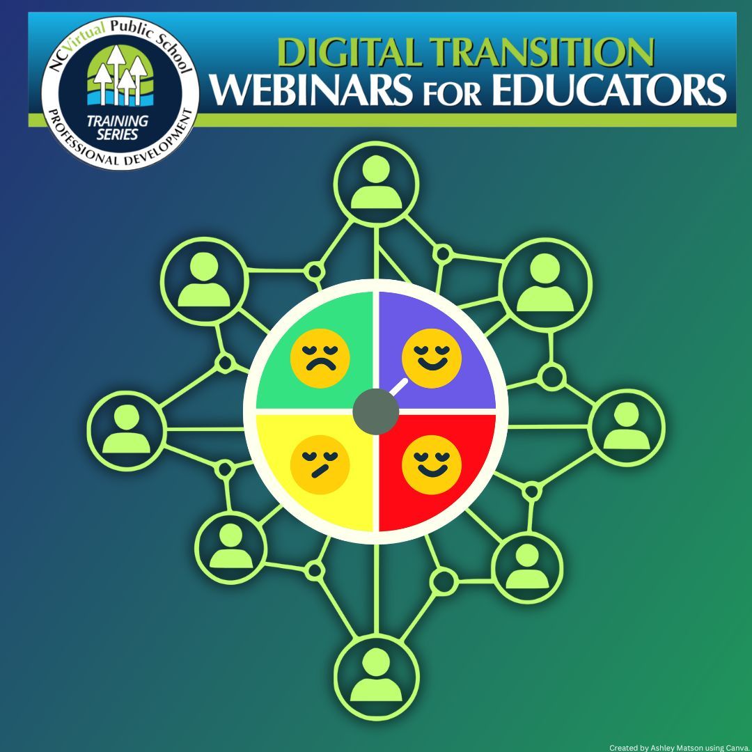 





Graphic promoting NC Virtual Public School Digital Transition Webinars for Educators, featuring a network of user icons connected to a central four-quadrant wheel displaying various facial emoticons related to sentiment. 
