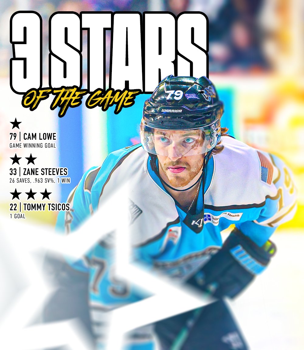 3 Stars of the Game graphic with a photo of Cam Lowe waiting for puck drop