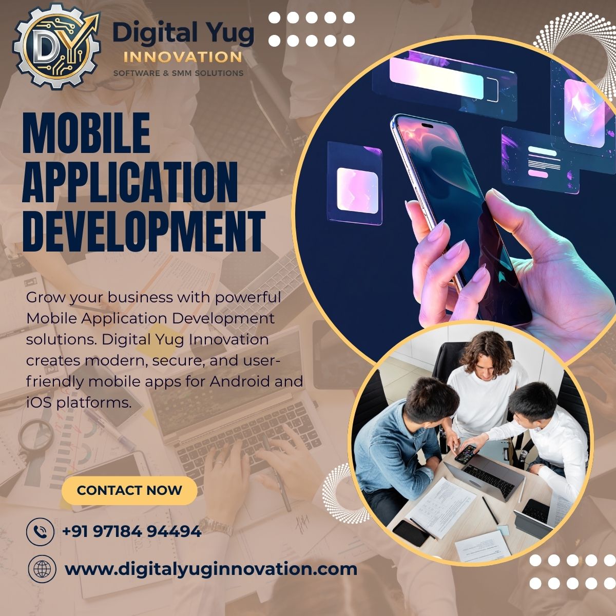 Take your business to the next level with smart mobile apps. Digital Yug Innovation develops high-performance mobile applications that help companies connect with customers, improve services, and expand their digital presence.