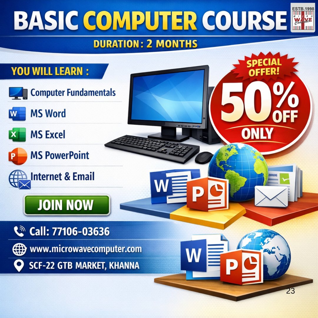 Learn essential computer skills with our Basic Computer Course, designed for beginners who want to build a strong foundation in digital technology. This course covers MS Word, Excel, Internet usage, and computer fundamentals, helping students gain practical skills for jobs and daily tasks. Join Microwave Computer Institute – the best computer institute in Khanna to start your journey toward digital literacy and career growth.