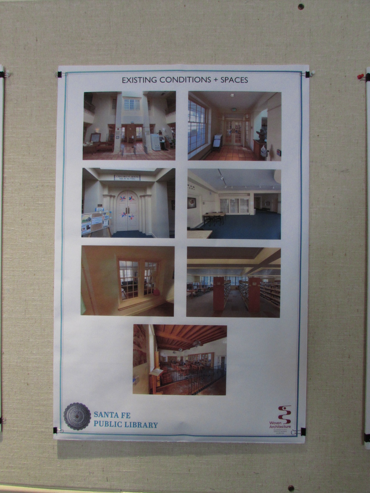 Poster with several photos of areas in the Main Library under the heading EXISTING CONDITIONS AND SPACES.