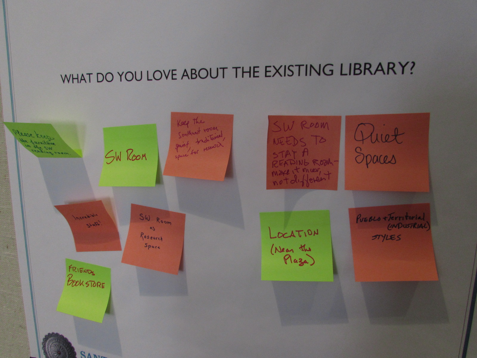 Multicolored post-it notes with comments under the heading WHAT DO YOU LOVE ABOUT THE EXISTING LIBRARY?