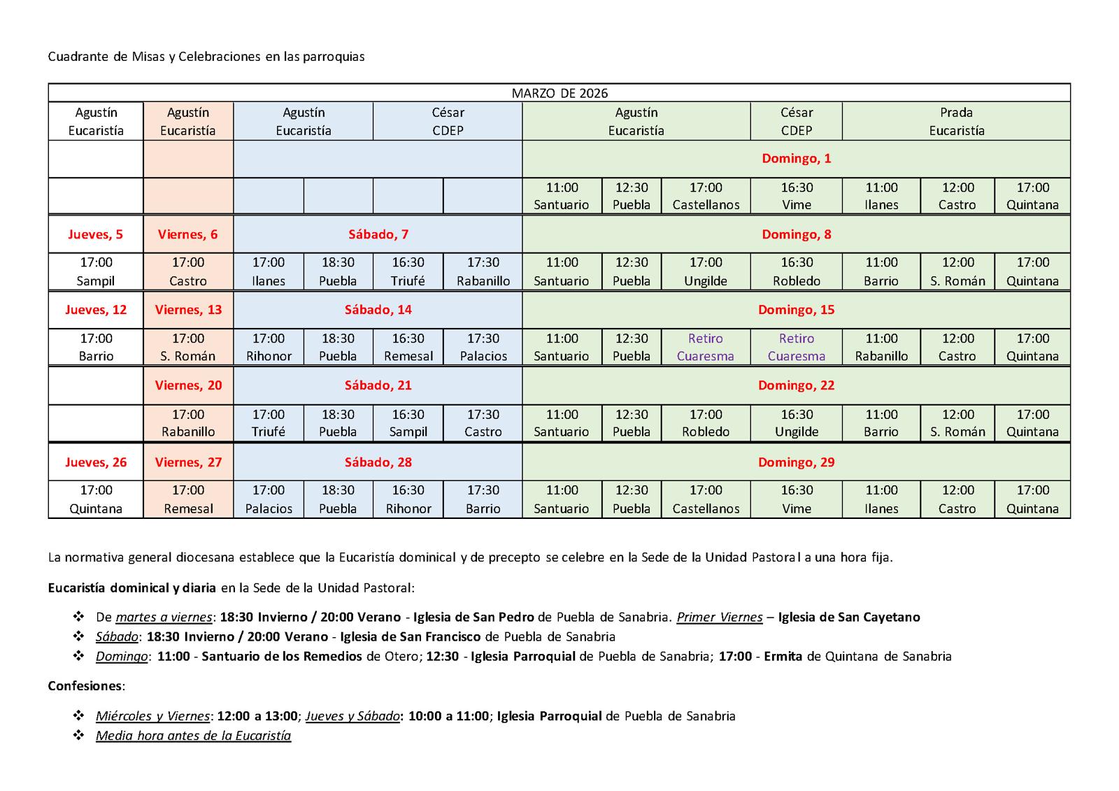 Tabla de horarios de misas y celebraciones de la palabra en el mes de en las parroquias administradas por D. Agustín Rubio en la zona de Sanabria. Incluye localidades, iglesias y horarios de las celebraciones