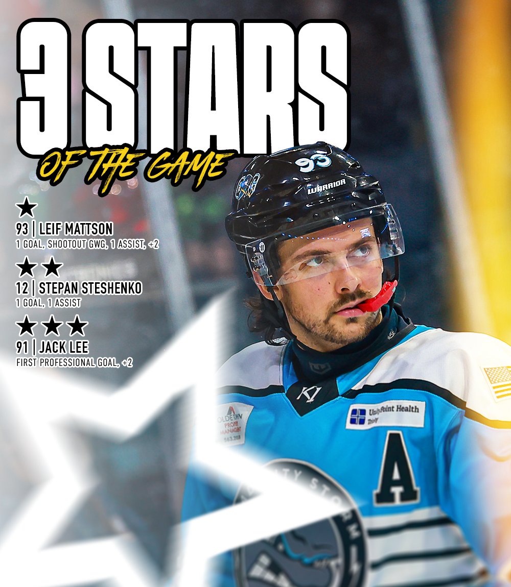 3 Stars of the Game graphic with a photo of Leif Mattson looking up-ice with a mouthpiece hanging from his mouth