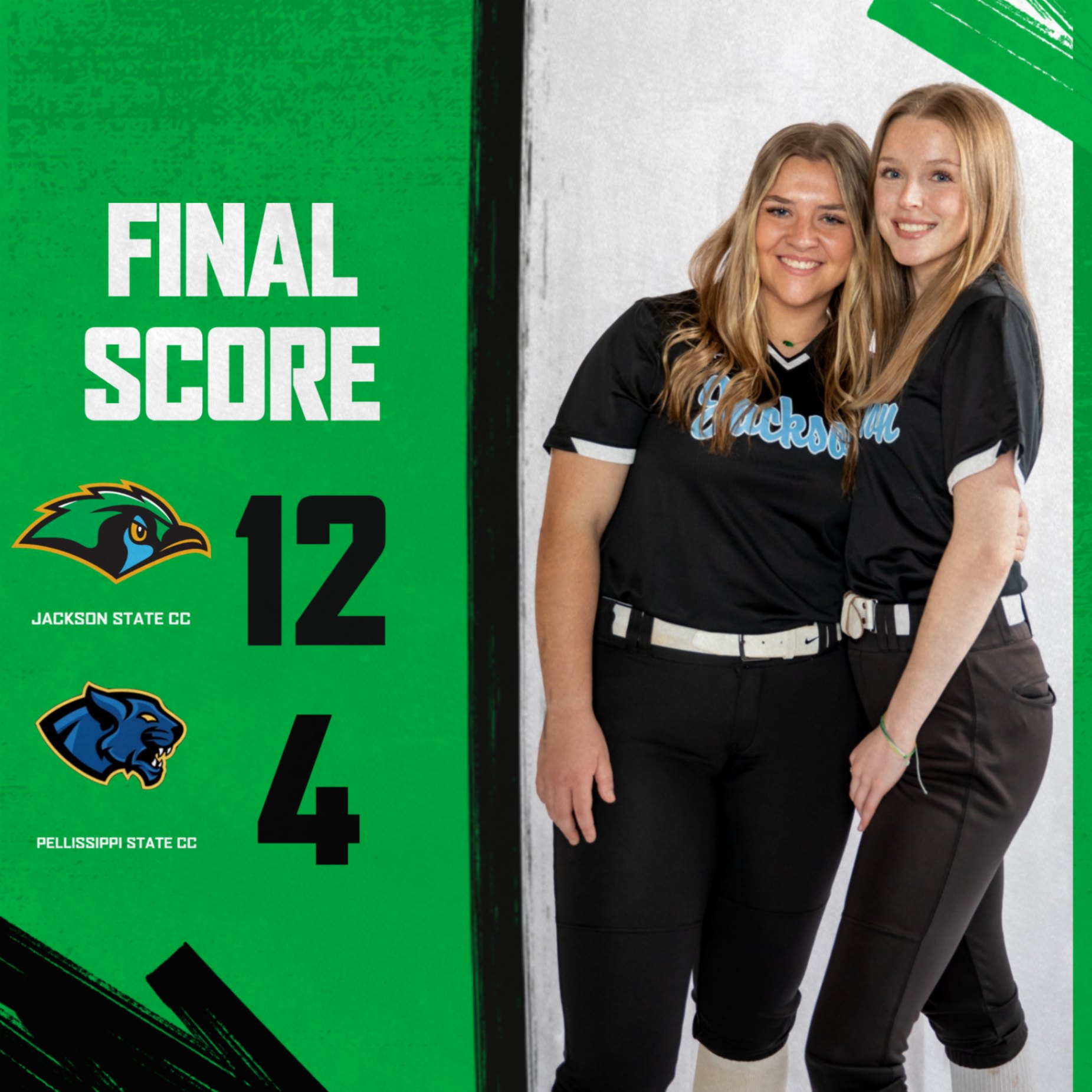 Graphic displaying the final softball score with Jackson State Community College defeating Pellissippi State Community College 12–4. The graphic features the Green Jays logo and Pellissippi State Panthers logo on a green background, alongside a photo of two Jackson State softball players in black uniforms standing together and smiling.