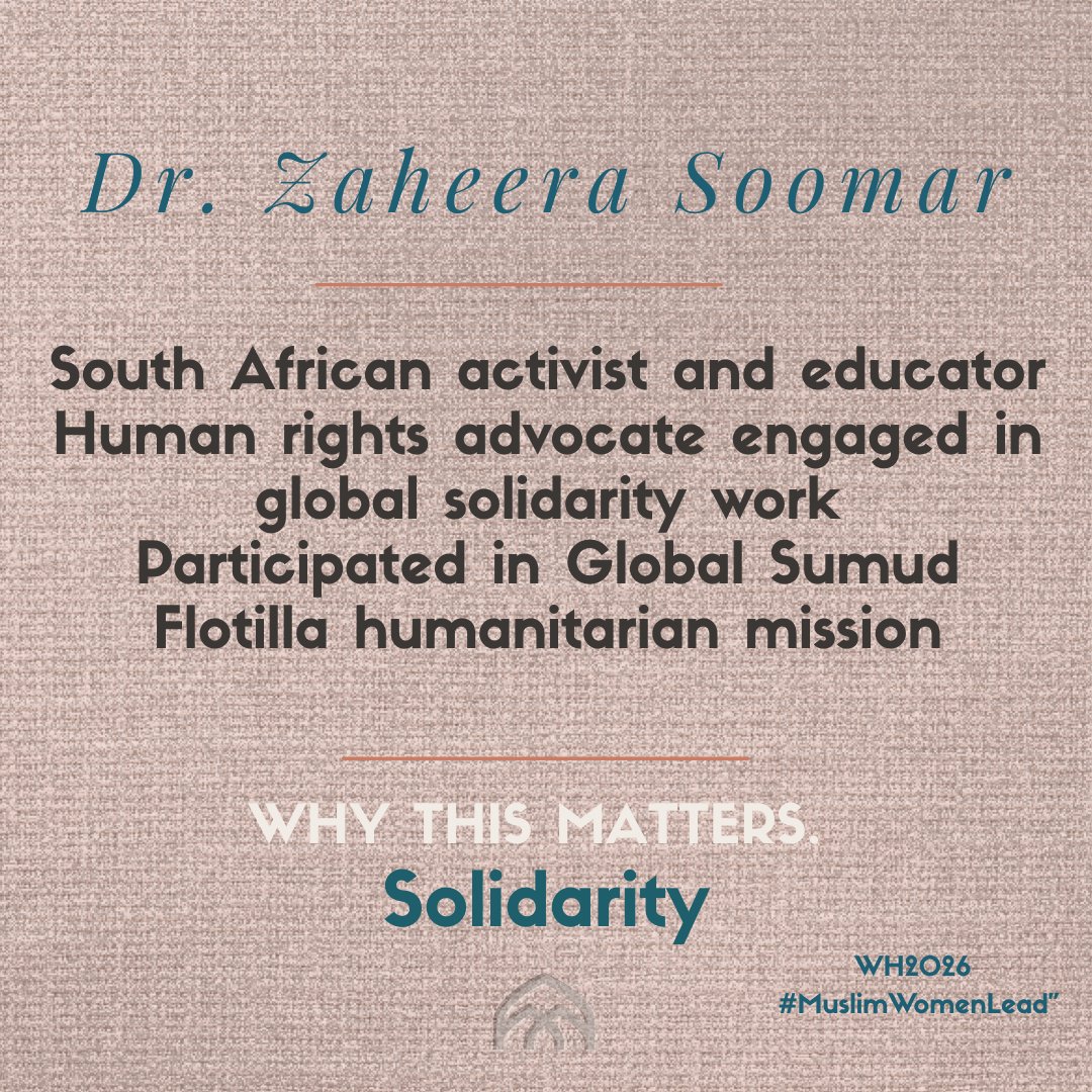 Text slide describing South African humanitarian and educator Zaheera Soomar, engaged in global solidarity and human rights work. 
