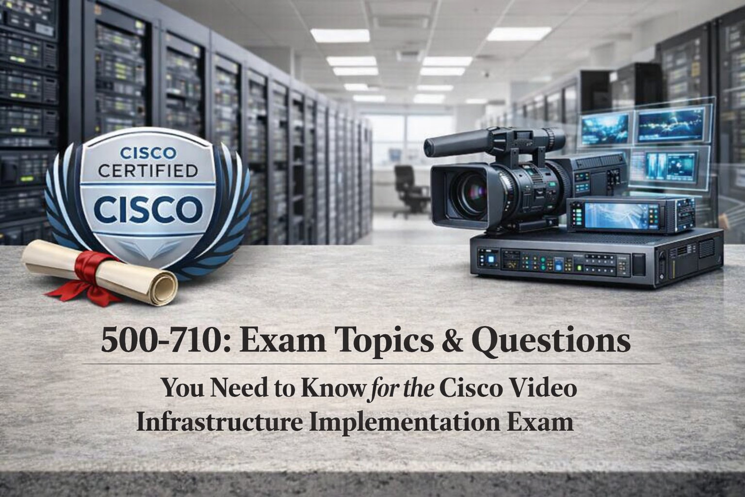 Cisco 500-710 Video Infrastructure Implementation Exam banner with server room background, Cisco certification badge, and professional video equipment.