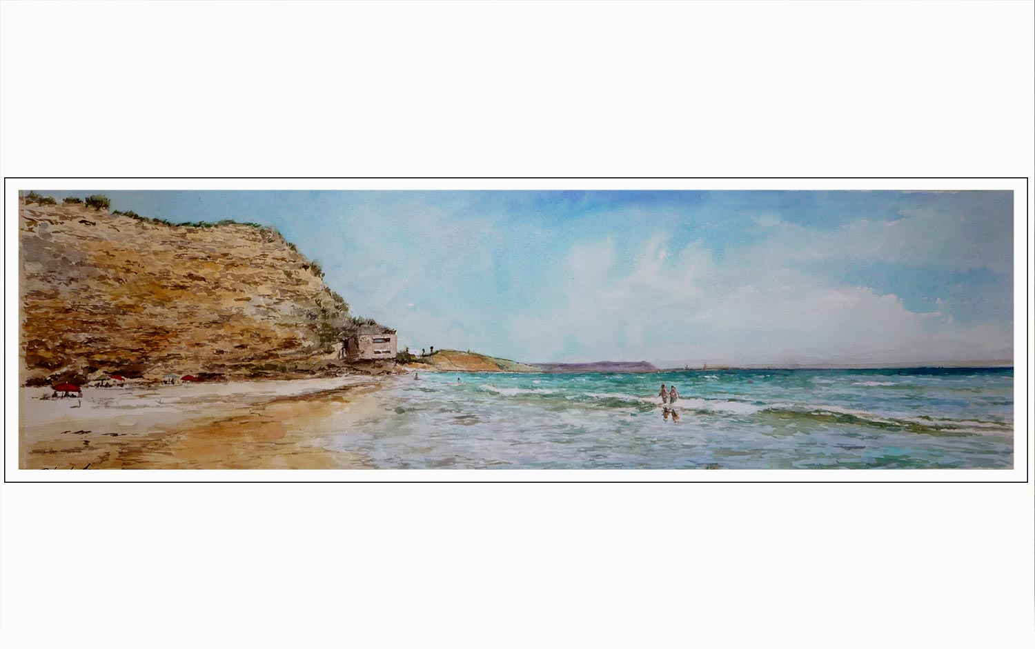 Acuarela de una cala de Conil de la Frontera, Cádiz pintada por el pintor Rubén de Luis