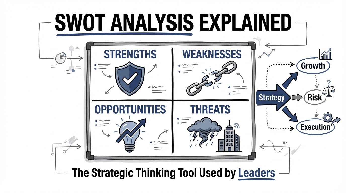 Sketchnotes image describing SWOT analysis and the key components 
