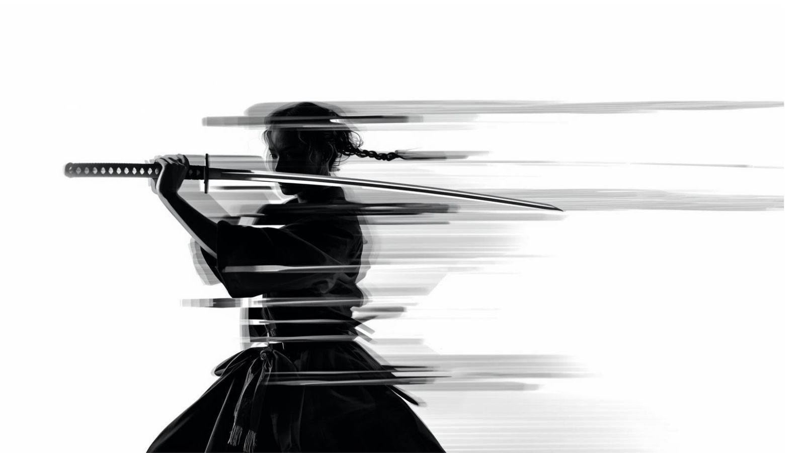 A samurai making a minimalist movement with a polished glass sword against a white background, a symbol of simplicity and efficiency.