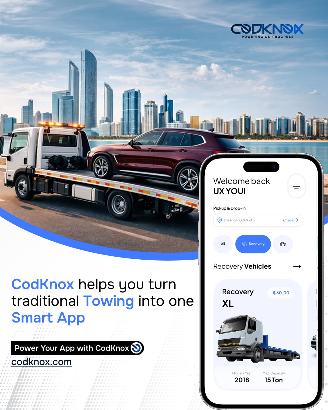 An infographic image with text “CodKnox helps you turn traditional towing into one smart app.”