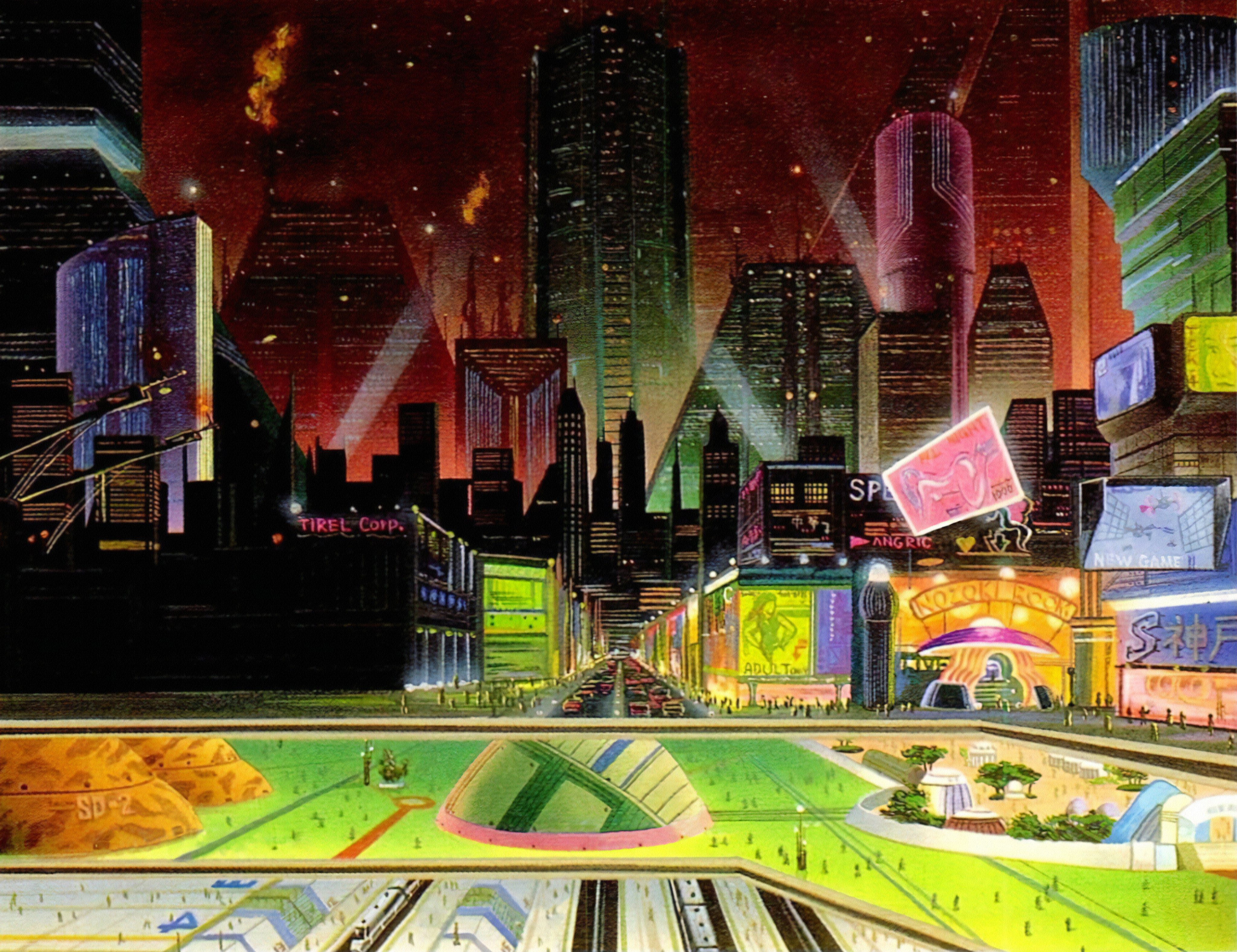 Snatcher clean artwork featured on Game Crusaders Volume 3. Image depicts the city of Neo Kobe filled with futuristic high rise buildings, lots of light, billboards, and a park on the bottom where people can be seen. There's also a train terminal near the park. In the distance, chimneys can be seen with fire sprouting out, a scene very reminiscent of the movie Blade Runner.