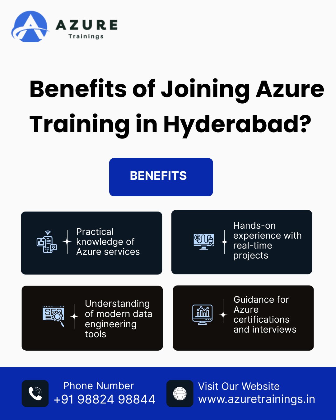 Learning Azure can help you gain the technical skills required to work with cloud technologies. Our training program is designed to provide practical knowledge with industry-relevant concepts.

What you will gain from the training:

• Practical knowledge of Azure services
• Hands-on experience with real-time projects
• Understanding of modern data engineering tools
• Guidance for Azure certifications and interviews

By the end of the training, you will be able to understand how cloud solutions are designed and implemented.