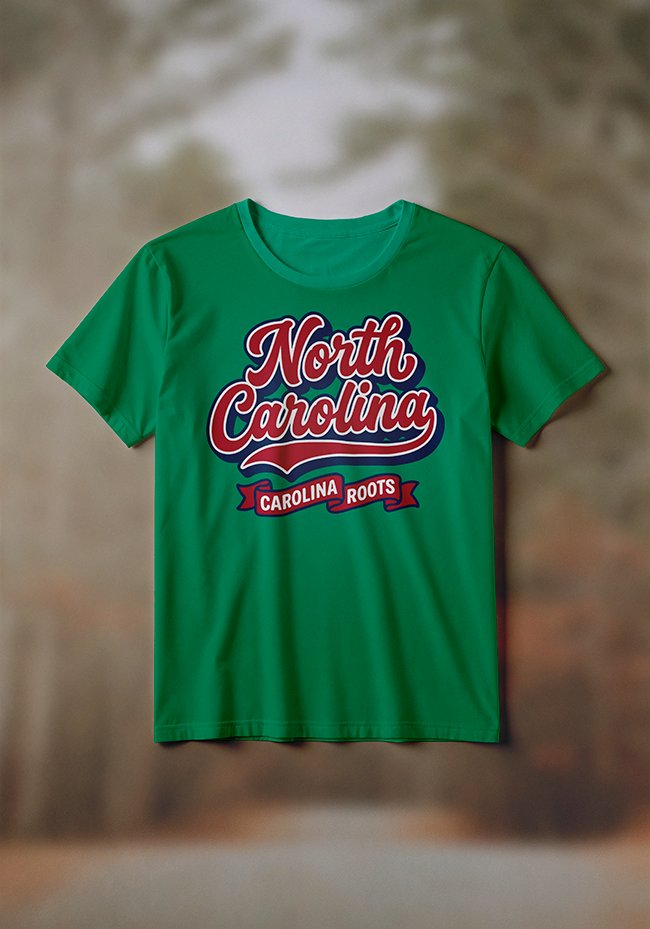Retro 1950s style vector graphic text that says 'North Carolina' in heavy red cursive with a blue 3D shadow, situated above a red ribbon reading 'Carolina Roots' on a white background.