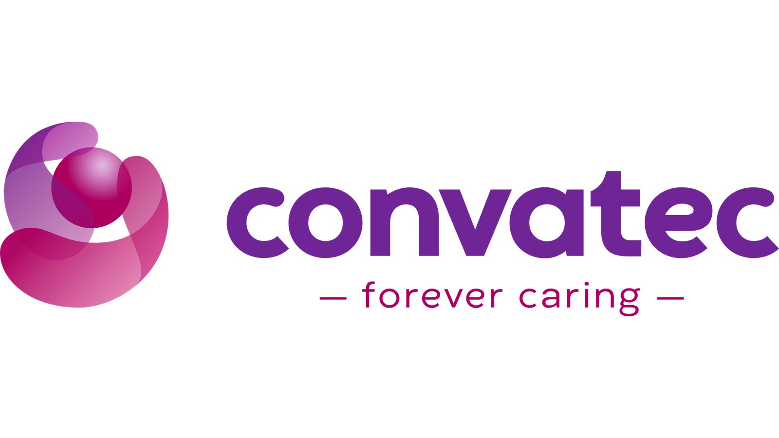 Convatec logo featuring a purple and pink abstract symbol with the tagline 'forever caring' beneath the company name.