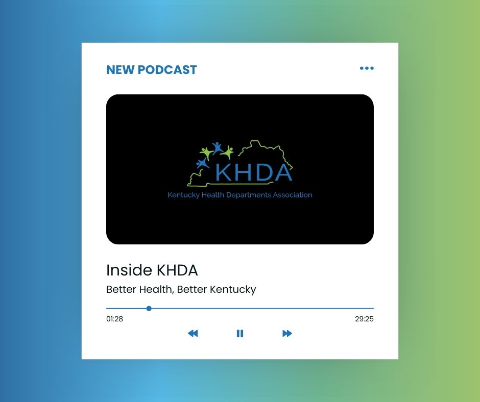 Podcast interface on a blue and green gradient background. The screen displays "Inside KHDA" with the subtitle "Better Health, Better Kentucky." The logo of the Kentucky Health Departments Association features prominently in black, with outlines of stars and the state of Kentucky. The play bar indicates the podcast is 29 minutes and 25 seconds long, currently at 1 minute and 28 seconds.