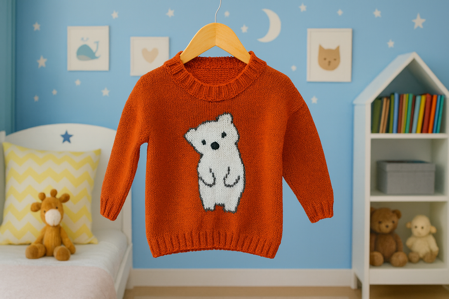 Children's jumper with polar bear motif knitting pattern to fit from 1 to 5 years old.  Straight needles and double knitting wool. Cute intarsia polar bear sweater by Elizabeth Primrose Patterns.