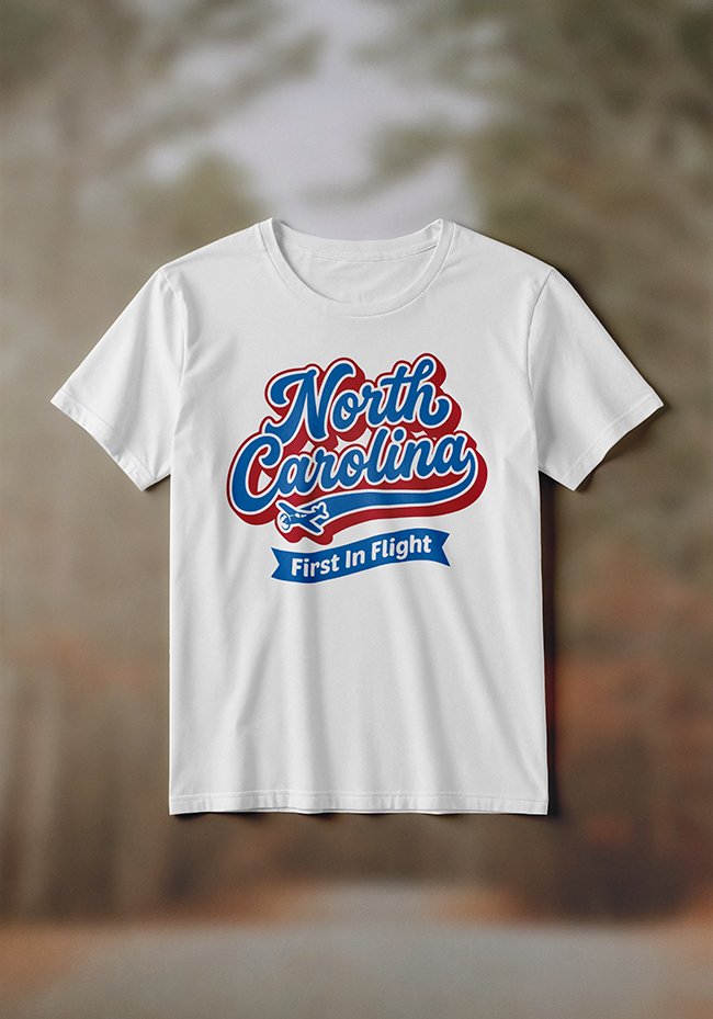 Retro 1950s style vector graphic of the words North Carolina in thick blue and white script with a heavy red 3D drop shadow. Below is a small blue airplane and a ribbon reading First In Flight.