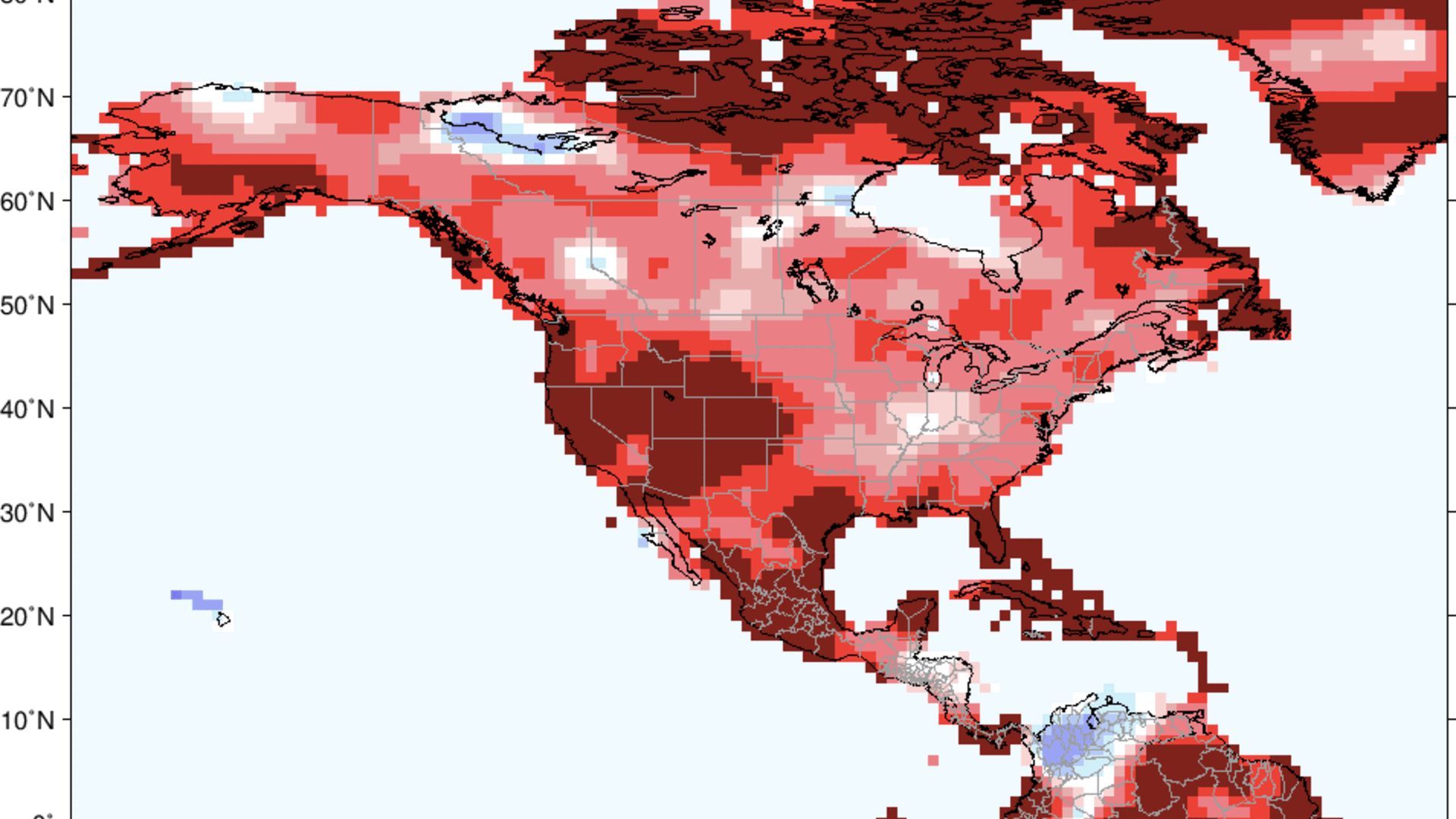 Map of North America showing above-normal summer temperatures across much of the United States, Canada and Mexico, with the strongest warmth in the West and South.