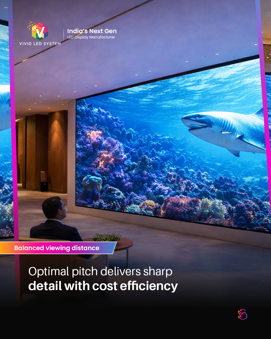 LED video wall demonstrating how display clarity changes with viewing distance, highlighting the importance of selecting the right pixel pitch for optimal visual performance. As viewers move closer or farther from the screen, image sharpness and detail vary, showing how proper pixel pitch selection ensures clear, seamless visuals across different environments. Ideal for understanding LED display performance in retail, corporate, and large commercial spaces where audience distance impacts viewing experience.