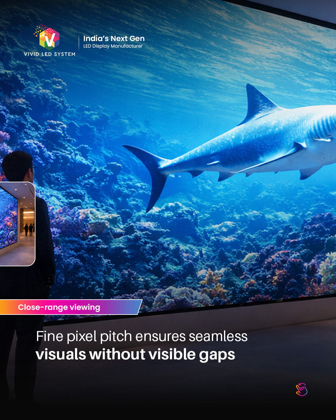 LED video wall demonstrating how display clarity changes with viewing distance, highlighting the importance of selecting the right pixel pitch for optimal visual performance. As viewers move closer or farther from the screen, image sharpness and detail vary, showing how proper pixel pitch selection ensures clear, seamless visuals across different environments. Ideal for understanding LED display performance in retail, corporate, and large commercial spaces where audience distance impacts viewing experience.