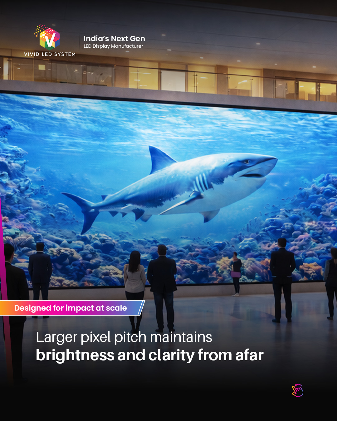 LED video wall demonstrating how display clarity changes with viewing distance, highlighting the importance of selecting the right pixel pitch for optimal visual performance. As viewers move closer or farther from the screen, image sharpness and detail vary, showing how proper pixel pitch selection ensures clear, seamless visuals across different environments. Ideal for understanding LED display performance in retail, corporate, and large commercial spaces where audience distance impacts viewing experience.