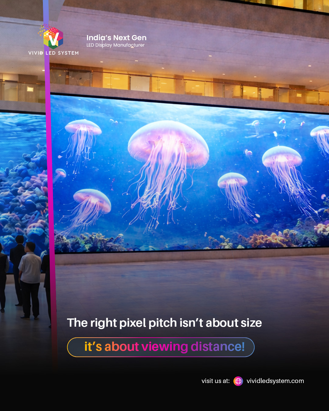 LED video wall demonstrating how display clarity changes with viewing distance, highlighting the importance of selecting the right pixel pitch for optimal visual performance. As viewers move closer or farther from the screen, image sharpness and detail vary, showing how proper pixel pitch selection ensures clear, seamless visuals across different environments. Ideal for understanding LED display performance in retail, corporate, and large commercial spaces where audience distance impacts viewing experience.